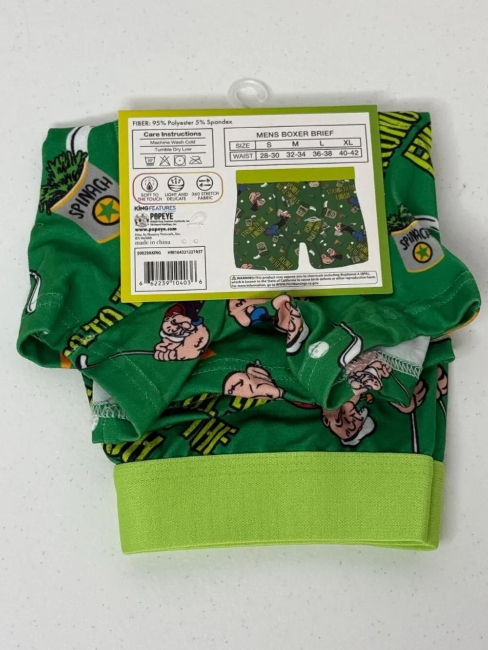 Popeye Men's Boxer Briefs Size L Green Spinach Print NWT